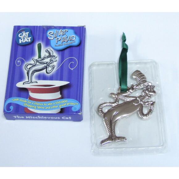 Silver Plate Dr Suess Christmas Ornaments Mischievous Cat In Hat Tree New In Box - Picture 2 of 4